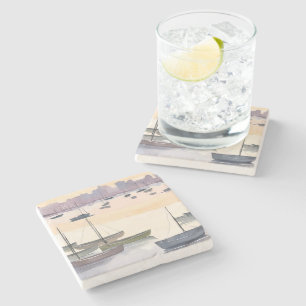 Boat Marina Watercolor Ocean Bay Stone Coaster