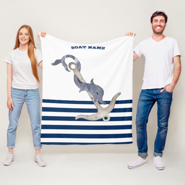  Boat Name,Anchor Dolphin Navy Blue White Stripes  Fleece Blanket (In Situ)