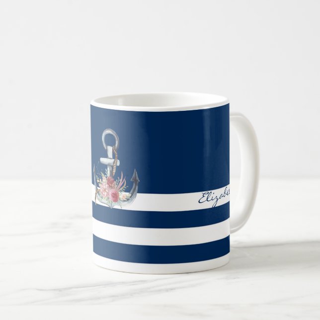  Boat Name,Anchor Flowers Navy Blue Striped Coffee Mug (Front Right)