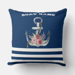 Boat Name,Anchor Flowers Navy Blue Striped Cushion