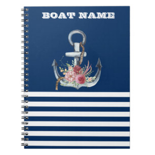  Boat Name,Anchor Flowers Navy Blue Striped Notebook