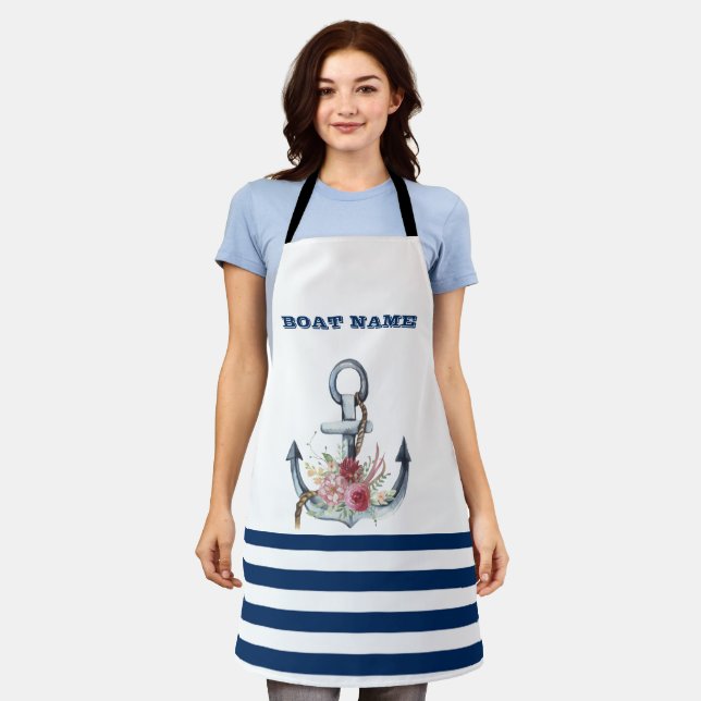  Boat Name,Anchor Flowers Navy Blue Stripes  Apron (Worn)