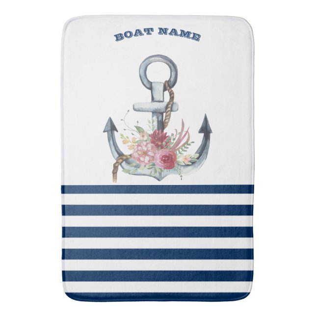 Boat Name,Anchor Flowers Navy Blue Stripes  Bath Mat (Front Vertical)