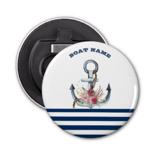 Boat Name,Anchor Flowers Navy Blue Stripes Bottle Opener
