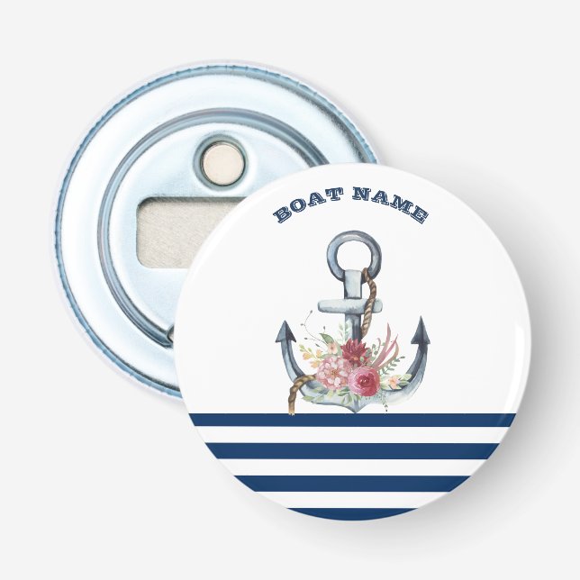  Boat Name,Anchor Flowers Navy Blue Stripes  Bottle Opener (Front)