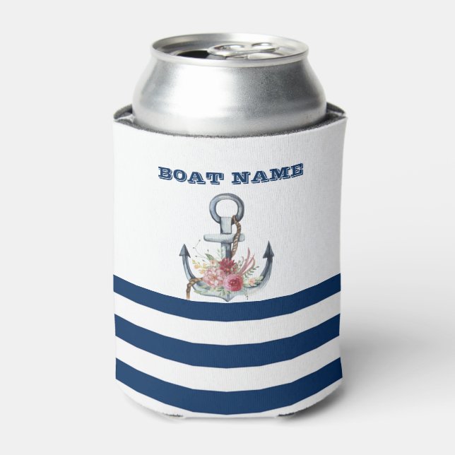  Boat Name,Anchor Flowers Navy Blue Stripes  Can Cooler (Can Front)