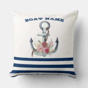 Boat Name,Anchor Flowers Navy Blue Stripes  Cushion