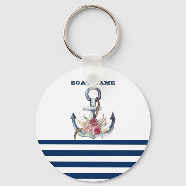  Boat Name,Anchor Flowers Navy Blue Stripes  Key Ring (Front)