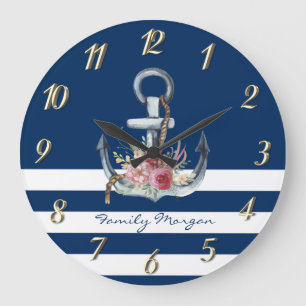  Boat Name,Anchor Flowers Navy Blue Stripes  Large Clock