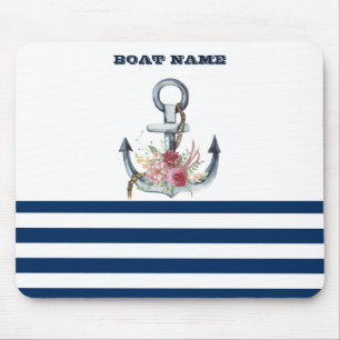  Boat Name,Anchor Flowers Navy Blue Stripes  Mouse Mat