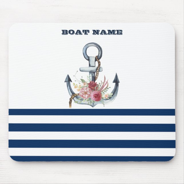  Boat Name,Anchor Flowers Navy Blue Stripes  Mouse Mat (Front)