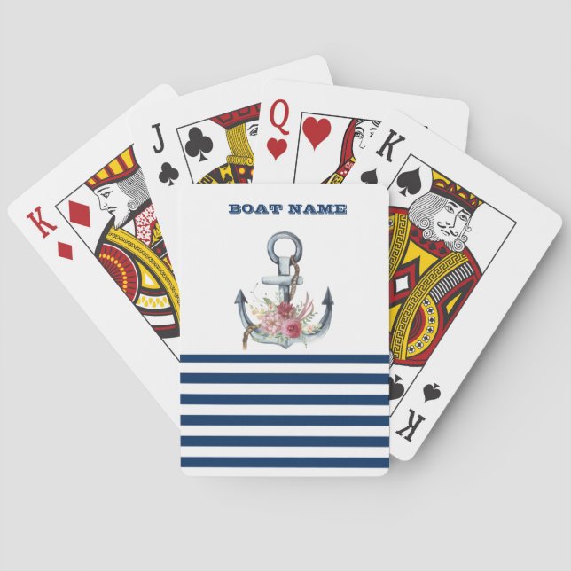  Boat Name,Anchor Flowers Navy Blue Stripes  Playing Cards (Back)