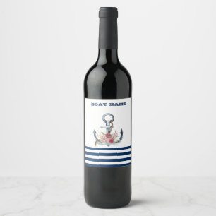 Boat Name,Anchor Flowers Navy Blue Stripes Wine Label