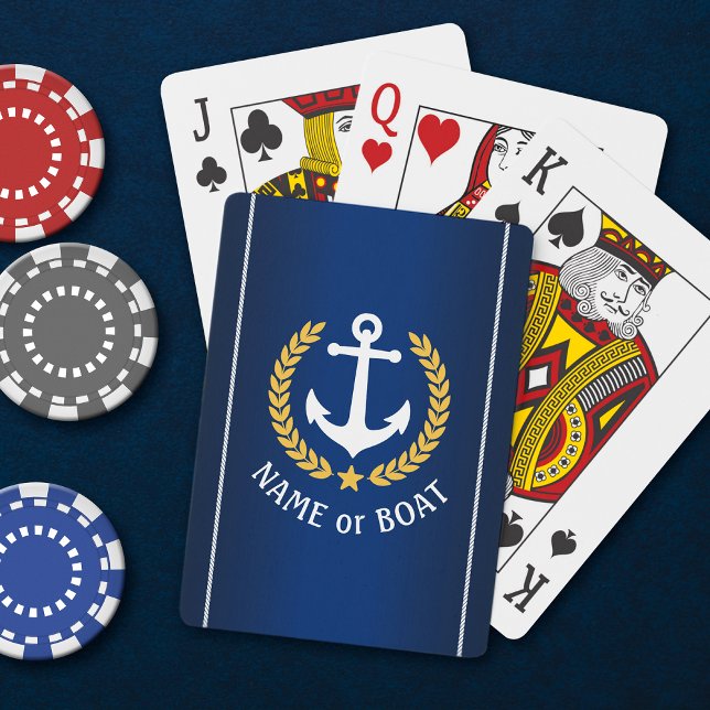 Boat Name Anchor Gold Laurel Rope Stripe Navy Blue Playing Cards (Creator Uploaded)