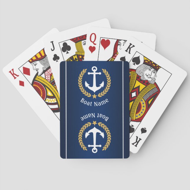 Boat Name Anchor Gold Laurel Rope Stripe Navy Playing Cards (Back)