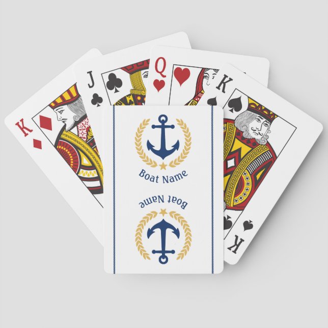 Boat Name Anchor Gold Laurel Rope Stripe White Playing Cards (Back)