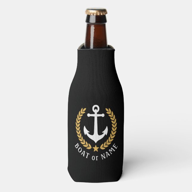 Boat Name Anchor Gold Style Laurel Leaves Black Bottle Cooler (Bottle Front)