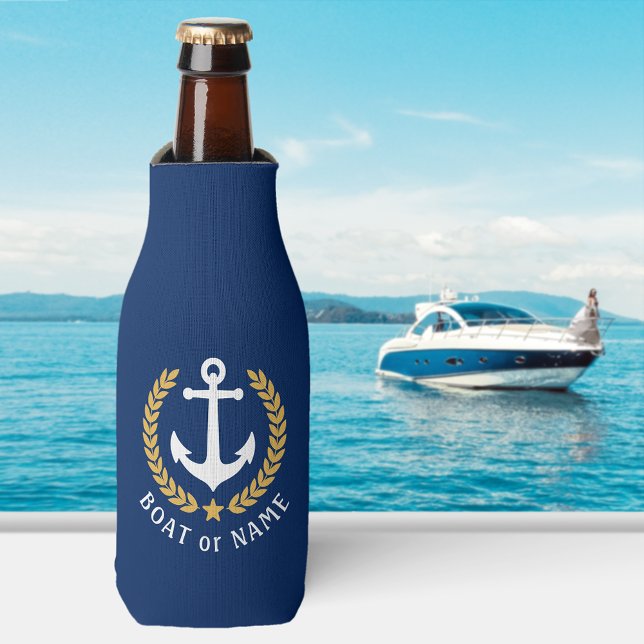 Boat Name Anchor Gold Style Laurel Leaves Navy Bottle Cooler (Edit the design to easily change the primary color if needed.)
