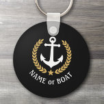 Boat Name Anchor Gold Style Laurel Star Navy Black Key Ring<br><div class="desc">A Personalised Keychain with your boat name,  family name or other desired text as needed. Featuring a custom designed nautical boat anchor,  gold style laurel leaves and star emblem on black or easily adjust the primary colour to match your current theme. Makes a great any occasion.</div>