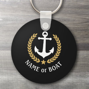 Boat Name Anchor Gold Style Laurel Star Navy Black Key Ring