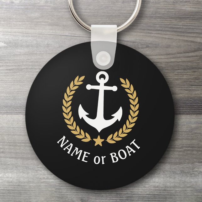 Boat Name Anchor Gold Style Laurel Star Navy Black Key Ring (Creator Uploaded)