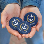 Boat Name Anchor Gold Style Laurel Star Navy Blue 3 Cm Round Badge<br><div class="desc">A Personalized button with your boat name,  family name or other desired text as needed. Featuring a custom designed nautical boat anchor,  gold style laurel leaves and star emblem on navy blue or easily adjust the primary color to match your current theme. Makes a great any occasion.</div>
