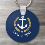 Boat Name Anchor Gold Style Laurel Star Navy Blue Key Ring<br><div class="desc">A Personalized Keychain with your boat name,  family name or other desired text as needed. Featuring a custom designed nautical boat anchor,  gold style laurel leaves and star emblem on navy blue or easily adjust the primary color to match your current theme. Makes a great any occasion.</div>