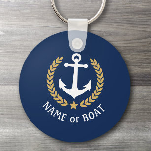 Boat Name Anchor Gold Style Laurel Star Navy Blue Key Ring