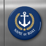 Boat Name Anchor Gold Style Laurel Star Navy Blue Magnet<br><div class="desc">A Personalised round magnet with your boat name,  family name or other desired text as needed. Featuring a custom designed nautical boat anchor,  gold style laurel leaves and star emblem on navy blue or easily adjust the primary colour to match your current theme.</div>
