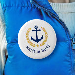 Boat Name Anchor Gold Style Laurel Star Navy White 3 Cm Round Badge<br><div class="desc">A Personalised button with your boat name,  family name or other desired text as needed. Featuring a custom designed nautical boat anchor,  gold style laurel leaves and star emblem on white or easily adjust the primary colour to match your current theme. Makes a great any occasion.</div>