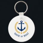 Boat Name Anchor Gold Style Laurel Star Navy White Key Ring<br><div class="desc">A Personalised Keychain with your boat name,  family name or other desired text as needed. Featuring a custom designed nautical boat anchor,  gold style laurel leaves and star emblem on white or easily adjust the primary colour to match your current theme. Makes a great any occasion.</div>