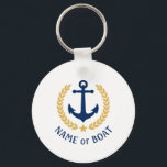 Boat Name Anchor Gold Style Laurel Star Navy White Key Ring<br><div class="desc">A Personalised Keychain with your boat name,  family name or other desired text as needed. Featuring a custom designed nautical boat anchor,  gold style laurel leaves and star emblem on white or easily adjust the primary colour to match your current theme. Makes a great any occasion.</div>