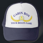 Boat name anchor motif cabin boy trucker hat<br><div class="desc">A stylish design for the cabin boy to wear on board or ashore. Add your boats name so that he can remember his way back to the ship after a night out in the port. With anchor and laurel leaf nautical themed design motif, customise the cabin boys text template with...</div>