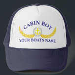 Boat name anchor motif cabin boy trucker hat<br><div class="desc">A stylish design for the cabin boy to wear on board or ashore. Add your boats name so that he can remember his way back to the ship after a night out in the port. With anchor and laurel leaf nautical themed design motif, customise the cabin boys text template with...</div>