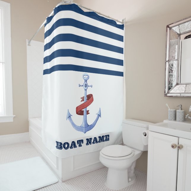 Boat Name,Anchor  Navy Blue White Striped Shower Curtain (In Situ)