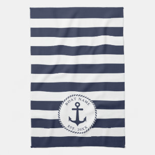 Boat Name Anchor Navy Blue White Stripes Nautical Tea Towel