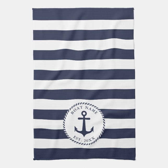 Boat Name Anchor Navy Blue White Stripes Nautical Tea Towel (Vertical)