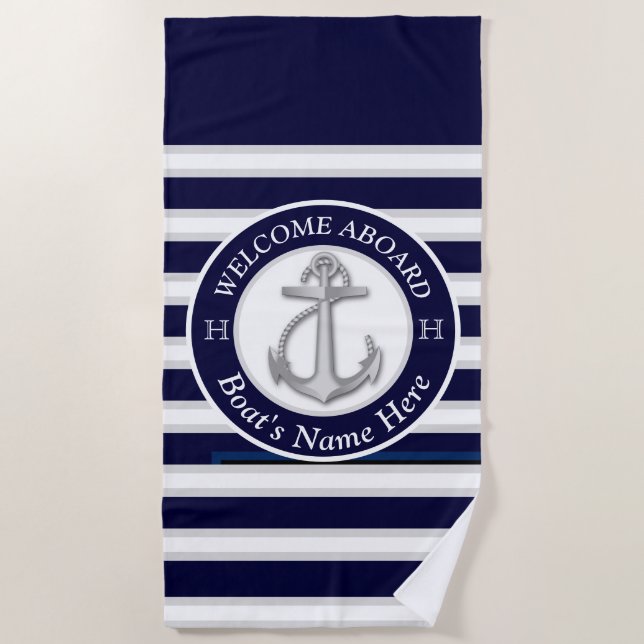  Boat Name Anchor Welcome Aboard Beach Towel (Front)