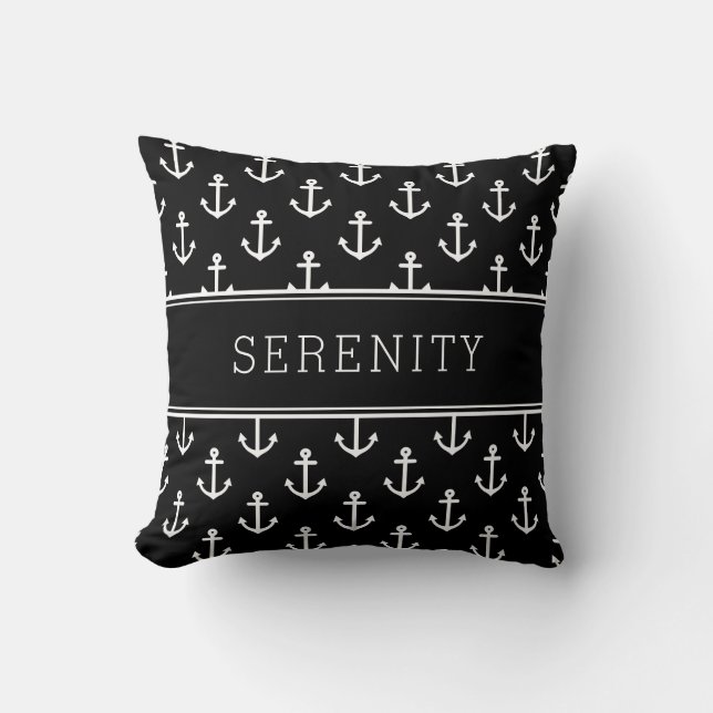 Boat Name Anchors and Stripes Black Cushion (Front)