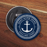 Boat name and hailing port anchor rope border bottle opener<br><div class="desc">Bottle opener featuring a white,  elegant anchor and rope emblem with your custom boat name and hailing port on a dark blue background.</div>