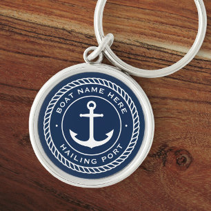 Boat name and hailing port anchor rope border key ring
