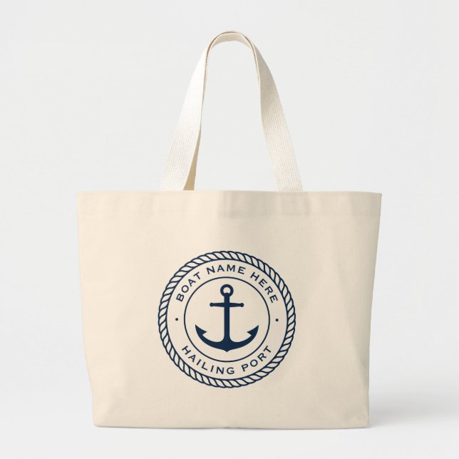 Boat name and hailing port anchor rope border large tote bag (Front)