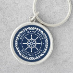 Boat name and hailing port nautical ship's wheel key ring<br><div class="desc">Keyring featuring a white,  elegant ship's wheel and rope emblem with custom boat name and hailing port (or other custom text) on a dark blue background.</div>
