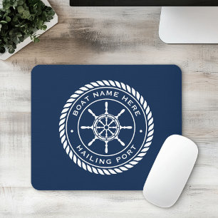 Boat name and hailing port nautical ship's wheel mouse mat