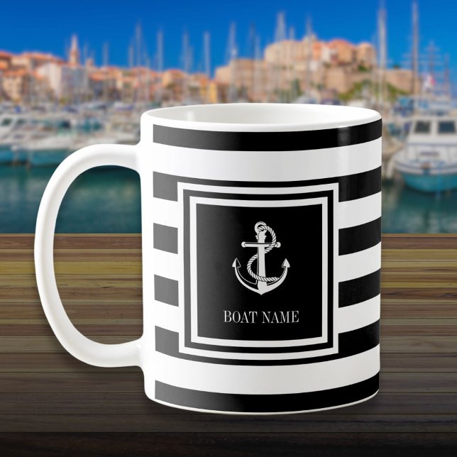 Boat Name Black And White Stripe Anchor Coffee Mug (Boat Name Black And White Stripe Anchor Coffee Mug)