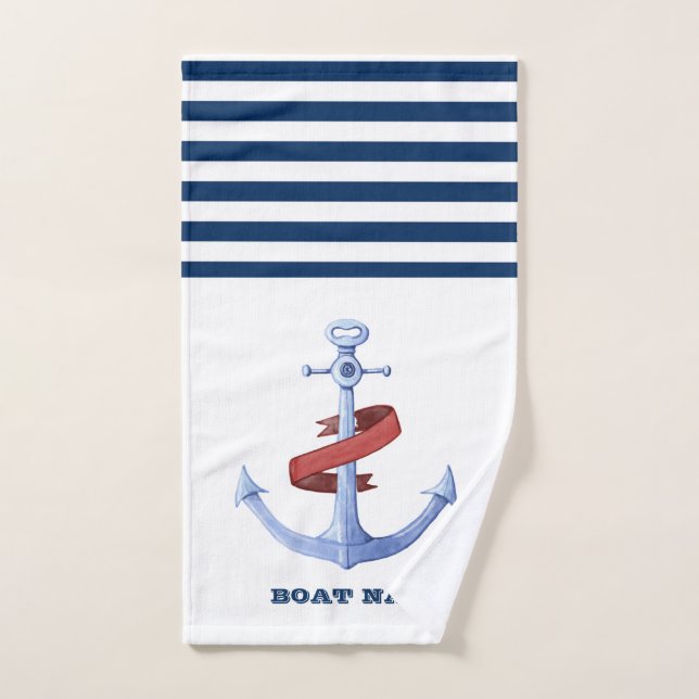 Boat Name,Blue Anchor  Navy Blue White Striped Bath Towel Set (Hand Towel)