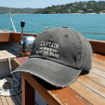 Boat Name Captain Nautical Stars Distressed Grey Embroidered Hat<br><div class="desc">Sail in style with a personalised distressed grey embroidered hat featuring your Captain rank or other title,  your Name or Boat Name and stars. Several cap and thread colours to choose from. Makes a great custom gift for Fathers day,  Mothers day or any occasion.</div>