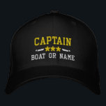 Boat Name Captain Nautical Stars Gold Silver Black Embroidered Hat<br><div class="desc">Sail in style with a personalised black with gold and silver embroidered hat featuring your Captain rank or other title,  your Name or Boat Name and stars. Several cap and thread colours to choose from. Makes a great custom gift for Fathers day,  Mothers day or any occasion.</div>