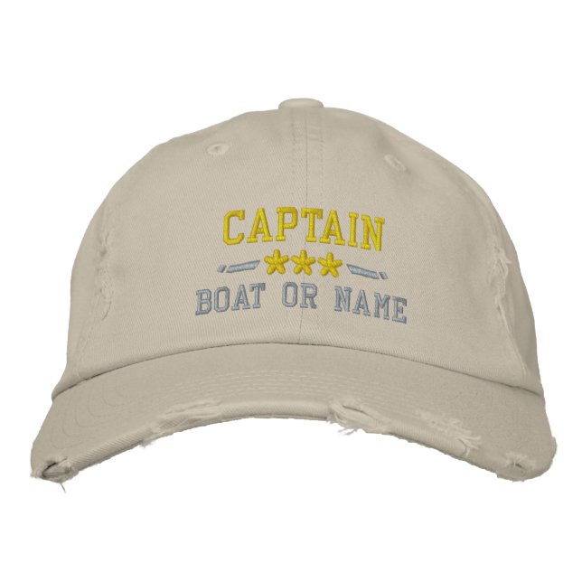 Boat Name Captain Nautical Stars Gold Silver Khaki Embroidered Hat (Front)