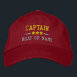 Boat Name Captain Nautical Stars Gold Silver Red Embroidered Hat<br><div class="desc">Sail in style with a personalised red with gold and silver embroidered hat featuring your Captain rank or other title,  your Name or Boat Name and stars. Several cap and thread colours to choose from. Makes a great custom gift for Fathers day,  Mothers day or any occasion.</div>